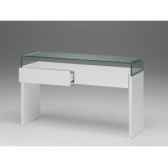 les independants console composee d un bloc en mdf laque blanc polyurethane 2 tiroirs pont en verre bombe ep12mm ulys352