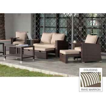 Ensemble salon de jardin vanila avec repose pieds : 1 canapé 2pl + 2 fauteuils + 1 table basse coussin rayé marron Exklusive hevea -10138-8430496