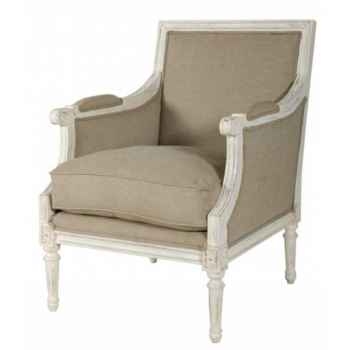 Fauteuil bergère \"marquise\" textile lin - blanc patiné Antic Line -CD199