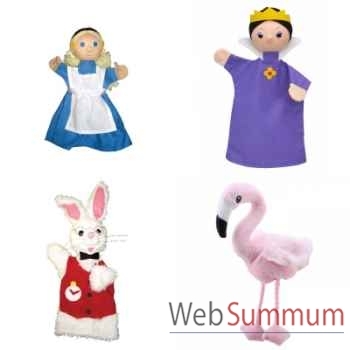 Lot 4 marionnettes à main tissus Alice au pays des merveilles, la reine, le lapin pressé, le flamand rose  -LWS-399