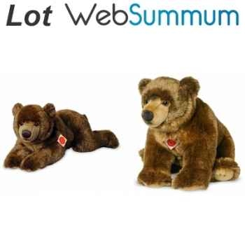 Lot 2 Peluches ours brun allongé 60cm et assis 50cm -LWS-437