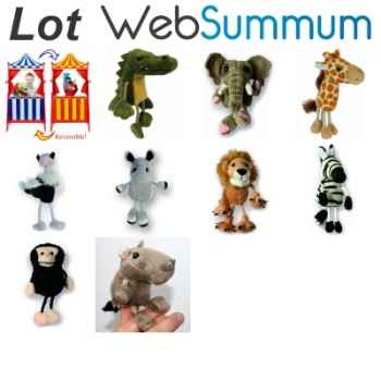Lot Théâtre de marionnette en bois à poser, réversible et 9 marionnettes à doigts animaux de la savanne -LWS-444