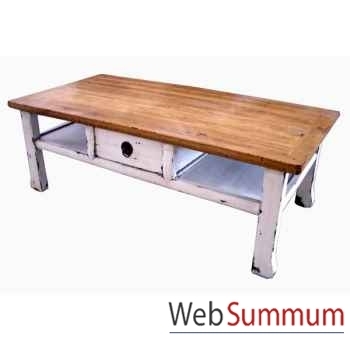 Table basse 1 tiroir shaolin dessus naturel et blanc style Chine -C00013NAT-WA