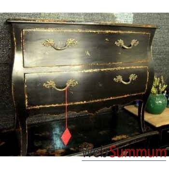 Commode francaise 2 tiroirs pied Louis XVI peuplier laque noire style Chine -C2311N
