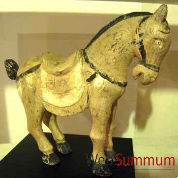 Sulpture cheval en bois couleur crème antique sur socle artisanat Indonésien -27004