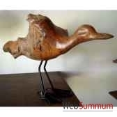 canard sculpte dans racine de teck sur pattes fer avec socle artisanat indonesien 33178