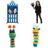 Lot théâtre bleu rayé blanc en bois avec 3 marionnettes tricot gant -LWS-411